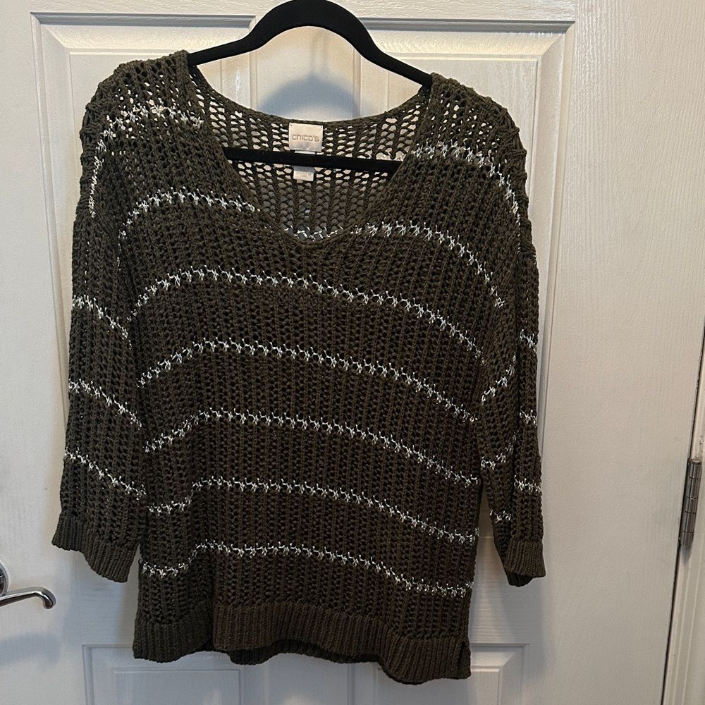 Chico's Dark Olive Green and Silver V-Neck Open Knit Sweater 3/4 Sleeve Size 1 - Picture 1 of 5